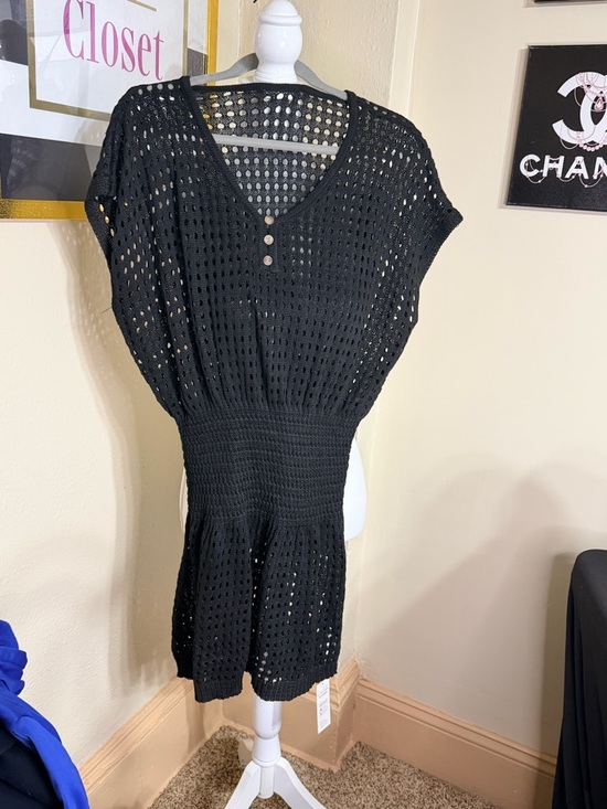 Cupshe Other - Cupshe Black Crochet Knit Swim Coverup with Button V-Neck